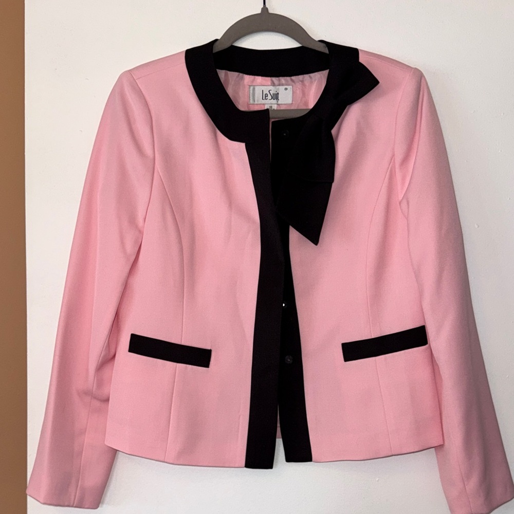 Vintage Le Suit Pink Jacket with Black Trim and Bow Collar